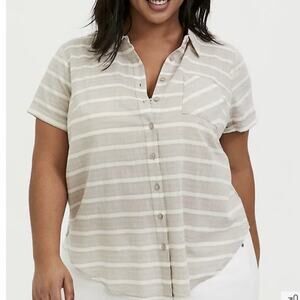 Torrid Tan White Striped Camp Shirt Short Sleeves Size 0X